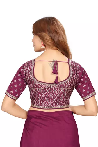 Wine embroidered Vichitra Blooming silk saree with blouse piece