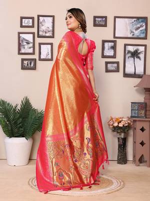 Orange Banarasi Tissue Silk Saree Paithani Woven Border And Contrast Woven Classic Pallu With Blouse 2