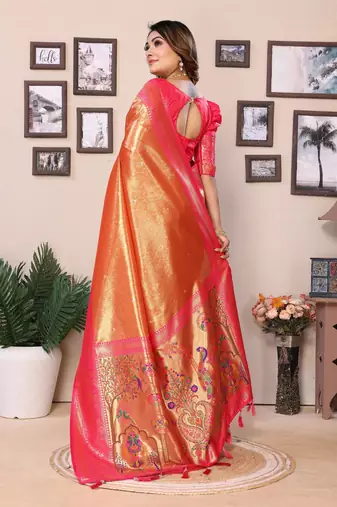 Orange Banarasi Tissue Silk Saree Paithani Woven Border And Contrast Woven Classic Pallu With Blouse