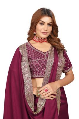 Wine embroidered Vichitra Blooming silk saree with blouse piece 4