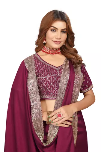 Wine embroidered Vichitra Blooming silk saree with blouse piece