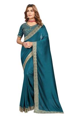 Turquoise embroidered Vichitra Blooming silk saree with blouse piece 1