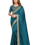 Turquoise embroidered Vichitra Blooming silk saree with blouse piece