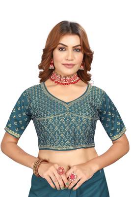 Turquoise embroidered Vichitra Blooming silk saree with blouse piece 2