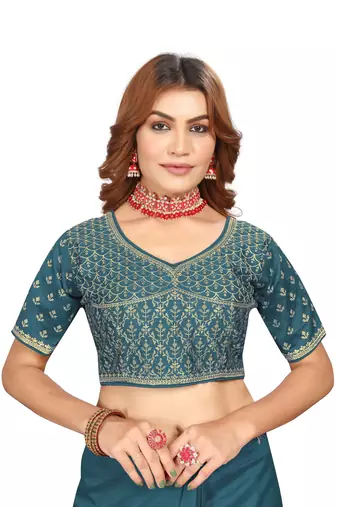 Turquoise embroidered Vichitra Blooming silk saree with blouse piece