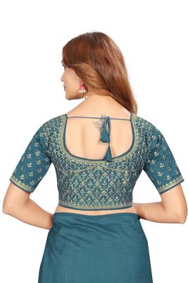 Turquoise embroidered Vichitra Blooming silk saree with blouse piece 3