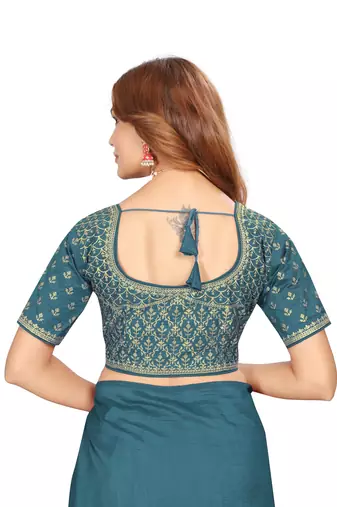 Turquoise embroidered Vichitra Blooming silk saree with blouse piece