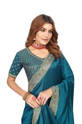 Turquoise embroidered Vichitra Blooming silk saree with blouse piece 4
