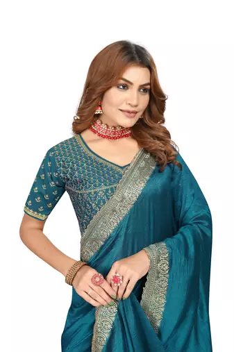Turquoise embroidered Vichitra Blooming silk saree with blouse piece