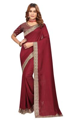 Maroon embroidered Vichitra Blooming silk saree with blouse piece 1