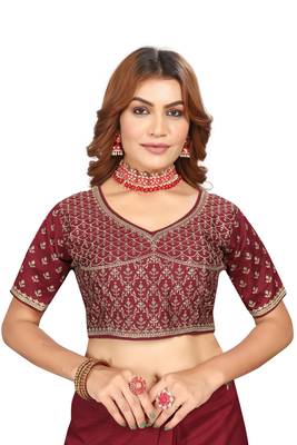 Maroon embroidered Vichitra Blooming silk saree with blouse piece 2
