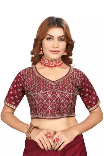 Maroon embroidered Vichitra Blooming silk saree with blouse piece