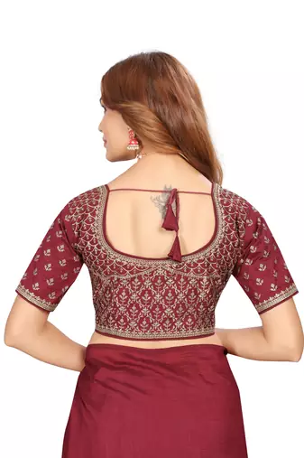 Maroon embroidered Vichitra Blooming silk saree with blouse piece