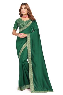 Green embroidered Vichitra Blooming Silk saree with blouse piece 1