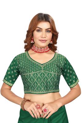 Green embroidered Vichitra Blooming Silk saree with blouse piece 2