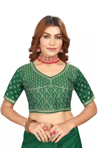 Green embroidered Vichitra Blooming Silk saree with blouse piece
