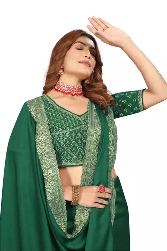 Green embroidered Vichitra Blooming Silk saree with blouse piece
