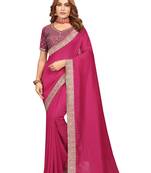 Pink embroidered Vichitra Blooming Silk saree with blouse piece