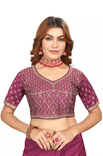 Pink embroidered Vichitra Blooming Silk saree with blouse piece