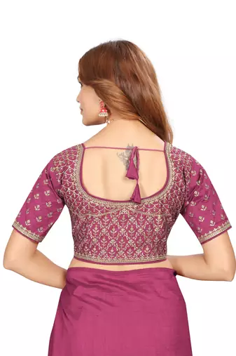 Pink embroidered Vichitra Blooming Silk saree with blouse piece