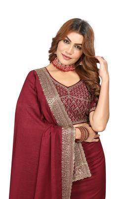 Maroon embroidered Vichitra Blooming silk saree with blouse piece 4