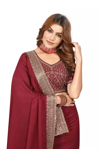 Maroon embroidered Vichitra Blooming silk saree with blouse piece