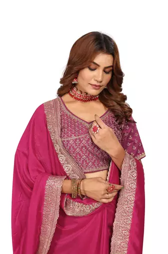 Pink embroidered Vichitra Blooming Silk saree with blouse piece
