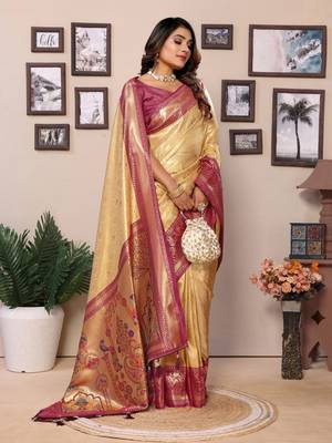Cream Banarasi Tissue Silk Saree Paithani Woven Border And Contrast Woven Classic Pallu With Blouse 2