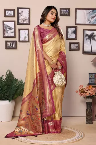 Cream Banarasi Tissue Silk Saree Paithani Woven Border And Contrast Woven Classic Pallu With Blouse