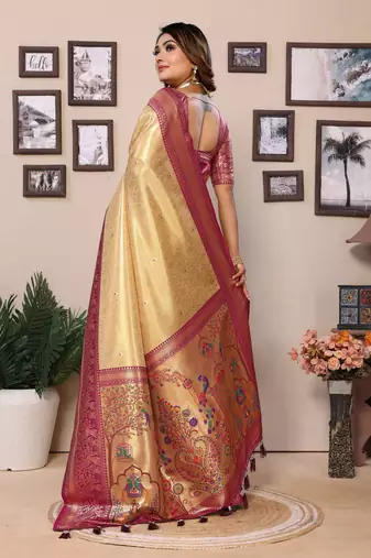 Cream Banarasi Tissue Silk Saree Paithani Woven Border And Contrast Woven Classic Pallu With Blouse