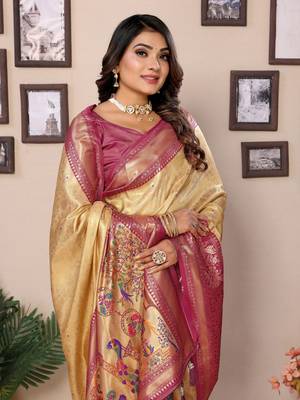 Cream Banarasi Tissue Silk Saree Paithani Woven Border And Contrast Woven Classic Pallu With Blouse 4
