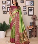 Parrot Green Banarasi Tissue Silk Saree Paithani Woven Border And Contrast Woven Classic Pallu With Blouse