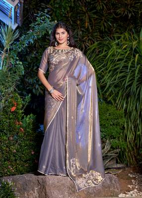 Grey embroidered Two Tone Silk saree with blouse piece 1