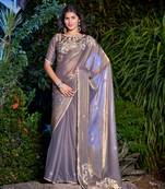 Grey embroidered Two Tone Silk saree with blouse piece