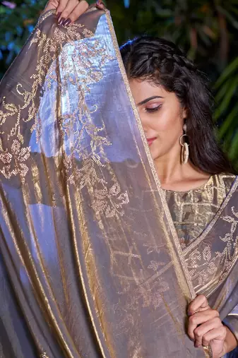 Grey embroidered Two Tone Silk saree with blouse piece