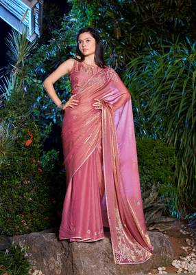 Peach embroidered Two Tone Silk saree with blouse piece 1