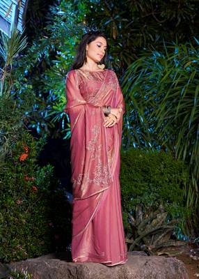Peach embroidered Two Tone Silk saree with blouse piece 2