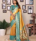 Yellow Banarasi Tissue Silk Saree Paithani Woven Border And Contrast Woven Classic Pallu With Blouse