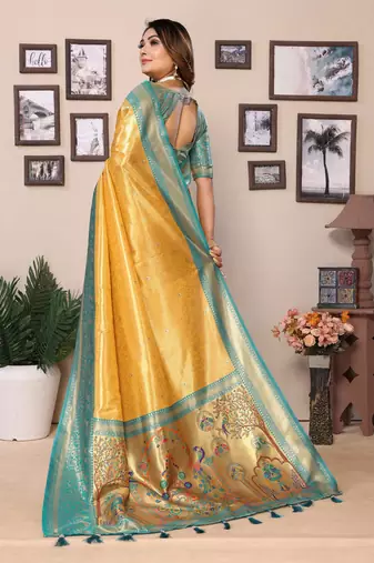 Yellow Banarasi Tissue Silk Saree Paithani Woven Border And Contrast Woven Classic Pallu With Blouse