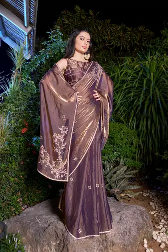 Lavender embroidered Two Tone Silk saree with blouse piece