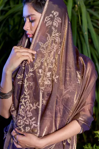 Lavender embroidered Two Tone Silk saree with blouse piece
