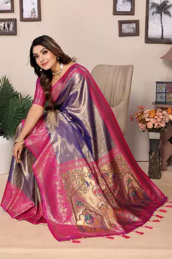 Violet Banarasi Tissue Silk Saree Paithani Woven Border And Contrast Woven Classic Pallu With Blouse