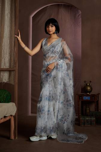 Grey embroidered organza saree with blouse piece