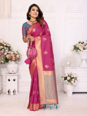 Pink Lichi Soft Silk Saree With Jari Weaving Border And Weaving Rich Pallu With Contrast  Blouse 2