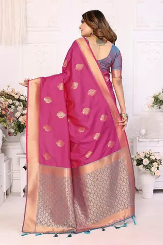 Pink Lichi Soft Silk Saree With Jari Weaving Border And Weaving Rich Pallu With Contrast  Blouse