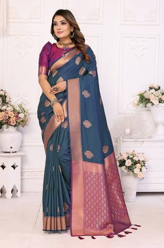Navy Blue Lichi Soft Silk Saree With Jari Weaving Border And Weaving Rich Pallu With Contrast  Blouse
