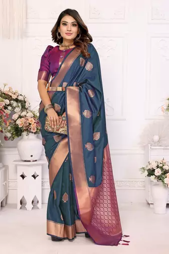 Navy Blue Lichi Soft Silk Saree With Jari Weaving Border And Weaving Rich Pallu With Contrast  Blouse
