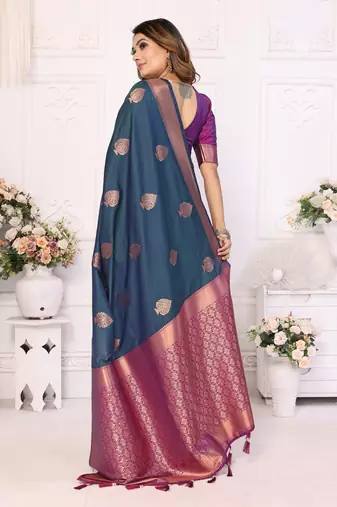 Navy Blue Lichi Soft Silk Saree With Jari Weaving Border And Weaving Rich Pallu With Contrast  Blouse