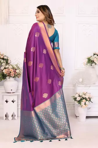 Purple Lichi Soft Silk Saree With Jari Weaving Border And Weaving Rich Pallu With Contrast  Blouse