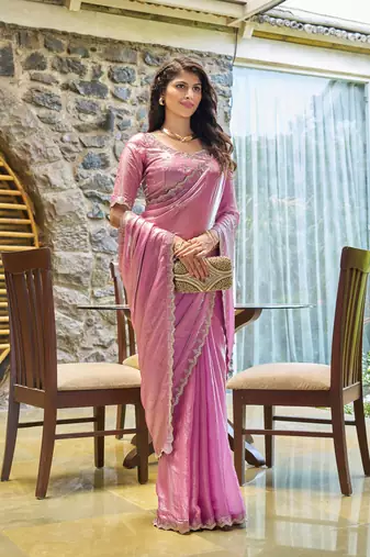 Lavender embroidered Two Tone art silk saree with blouse piece